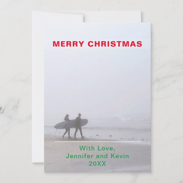 Merry Christmas Surfing Couple Photo Holiday Card (Front)