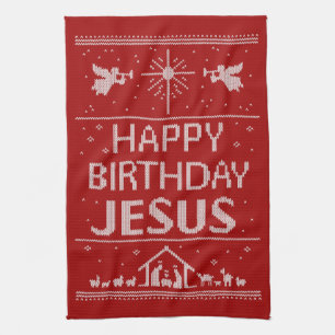 Merry Christmas Sweater Happy Birthday Jesus Faith Tea Towel