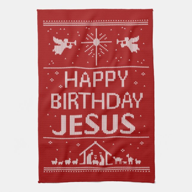 Merry Christmas Sweater Happy Birthday Jesus Faith Tea Towel (Vertical)