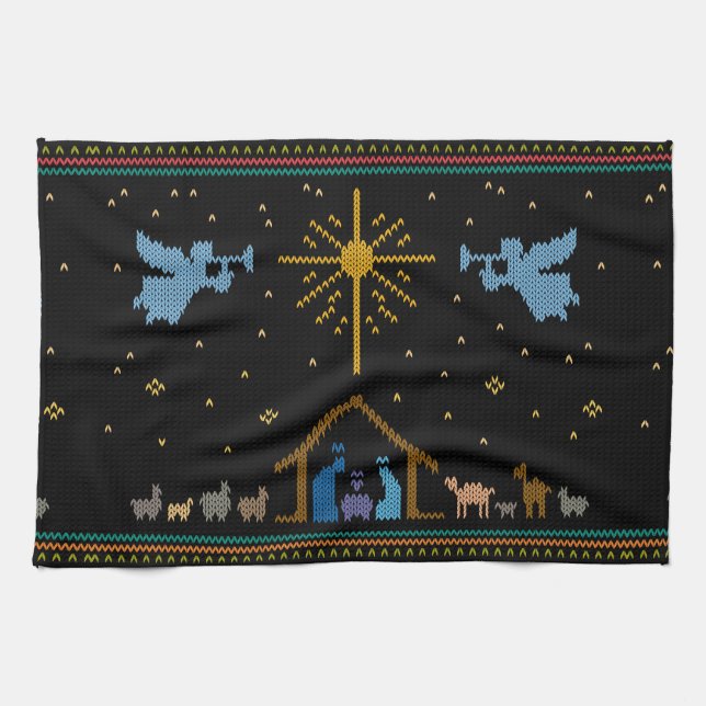 Merry Christmas Sweater Nativity Christian Merry Tea Towel (Horizontal)