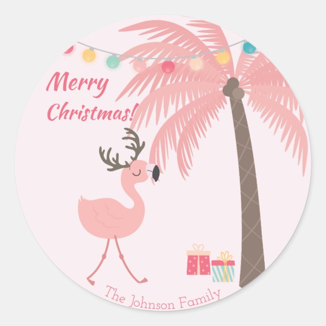 Merry Christmas  -  Sweet Tropical Santa Flamingo  Classic Round Sticker (Front)