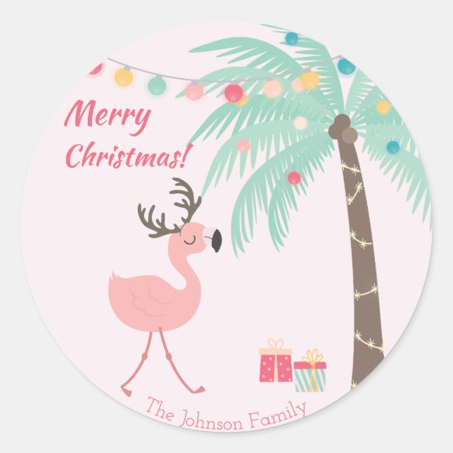 Merry Christmas  -  Sweet Tropical Santa Flamingo  Classic Round Sticker (Front)