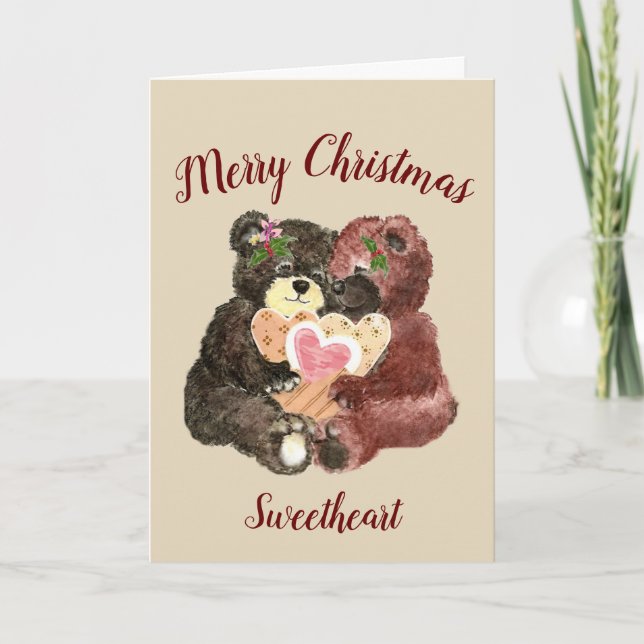 Merry Christmas Sweetheart Cute Teddy Bear Hugs Holiday Card (Front)