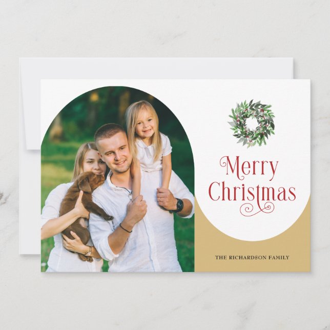 Merry Christmas Swirl Arched Photo Message Gold Holiday Card (Front)