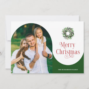 Merry Christmas Swirl Arched Photo Message Green Holiday Card