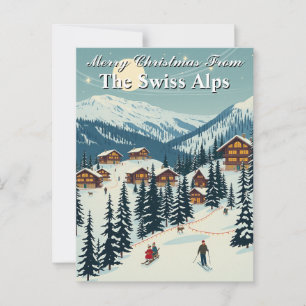 Merry Christmas Swiss Alps Alpine Ski Village Postcard