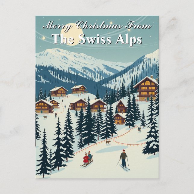 Merry Christmas Swiss Alps Alpine Ski Village Postcard (Front)