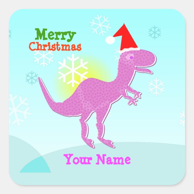 Merry Christmas T-Rex Dinosaur Name Stickers (Front)