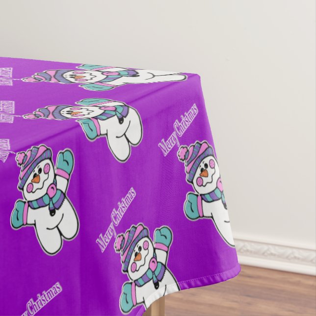 Merry Christmas Tablecloth, Purple Snowman  Tablecloth (In Situ)