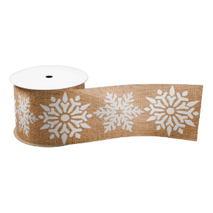 Merry Christmas Tan Burlap with Snowflakes Satin Ribbon