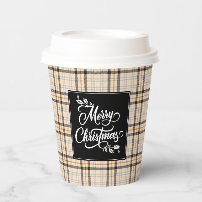 Merry Christmas Tan Plaid Pattern Holiday Paper Cups (Front)