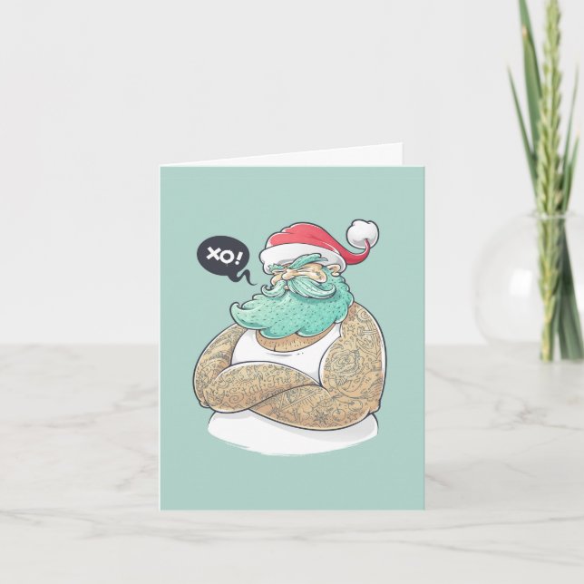 Merry Christmas Tattoo Santa Claus XOXO Holiday Card (Front)