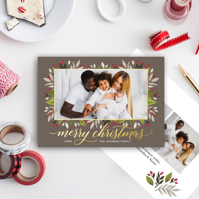 Merry Christmas Taupe Gold Elegant Script Foil Holiday Card (Creator Uploaded)