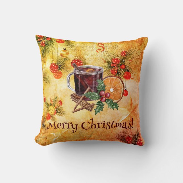 Merry Christmas Tea Cup Orange Berry Cinnamon Cushion (Front)