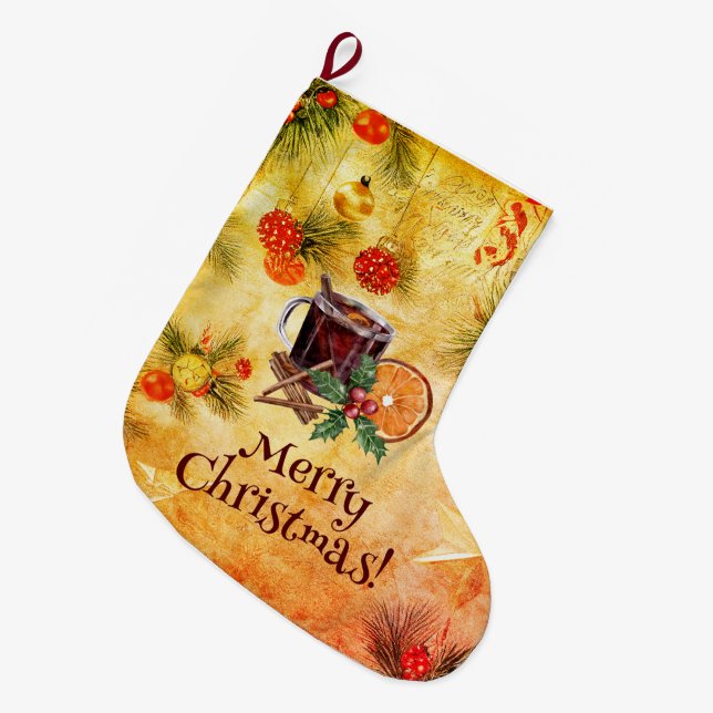 Merry Christmas Tea Cup Orange Berry Cinnamon Large Christmas Stocking (Front (Hanging))
