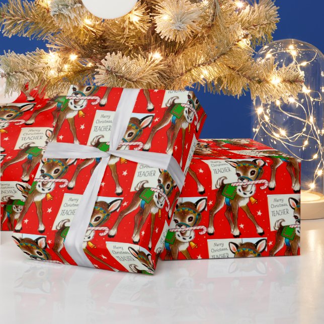 Merry Christmas Teacher retro Vintage wrap Wrapping Paper (Holidays)