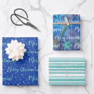 Merry Christmas Teal Blue Winter Wrapping Paper Sheet
