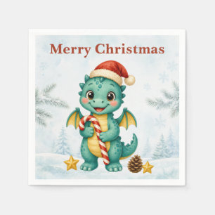 Merry Christmas Teal Dragon Winter Woodland Paper Napkin