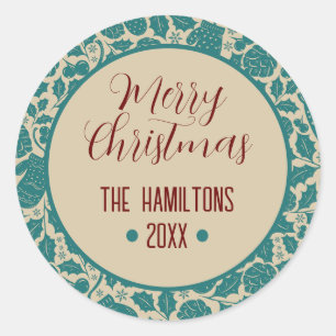 Merry Christmas Teal Floral Custom Family Name Classic Round Sticker