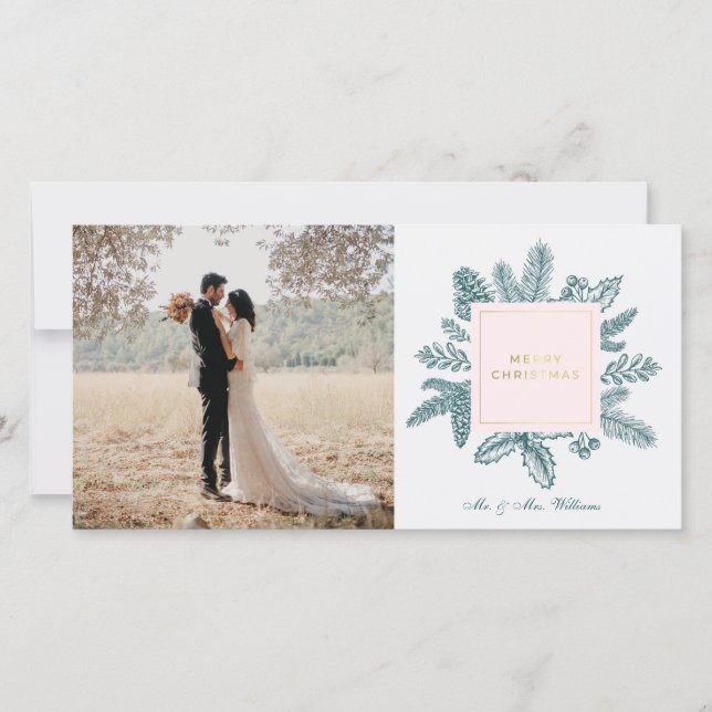 Merry Christmas Teal Floral | Photo Holiday Cards (Front)