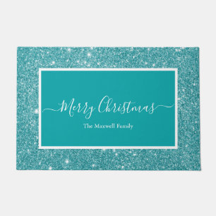 Merry Christmas teal glitter script family name  Doormat