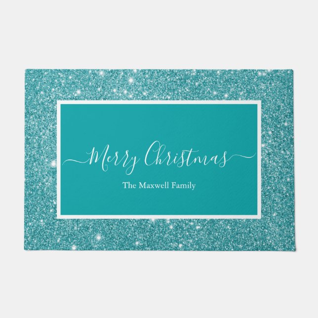 Merry Christmas teal glitter script family name  Doormat (Front)