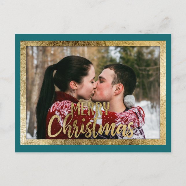 Merry Christmas Teal Green Gold Border Photo Holiday Postcard (Front)