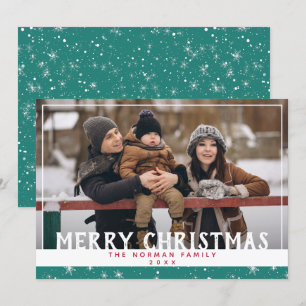 Merry Christmas Teal Green Snowflake Photo Holiday Card