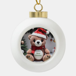 Merry Christmas Teddy Bear Ceramic Ball Christmas Ornament