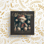 Merry Christmas Teddy Bear Faux Leather Holiday Card<br><div class="desc">Adorable teddy bear print with faux leather grain brown border,  beautiful gold "Merry Christmas" script at top,  with name and year templates underneath.  Photo template on back.</div>