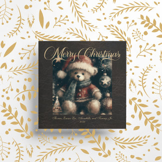 Merry Christmas Teddy Bear Faux Leather Holiday Card