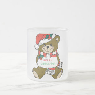 "MERRY CHRISTMAS" TEDDY BEAR FROSTED GLASS COFFEE MUG