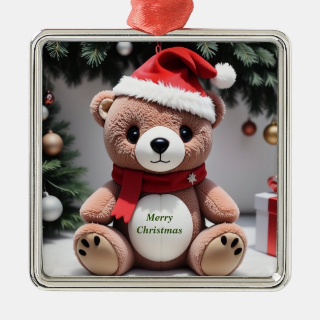 Merry Christmas Teddy Bear Metal Tree Decoration (Front)