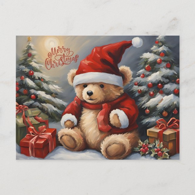 Merry Christmas Teddy Bear, Presents, Decorations  Holiday Postcard (Front)