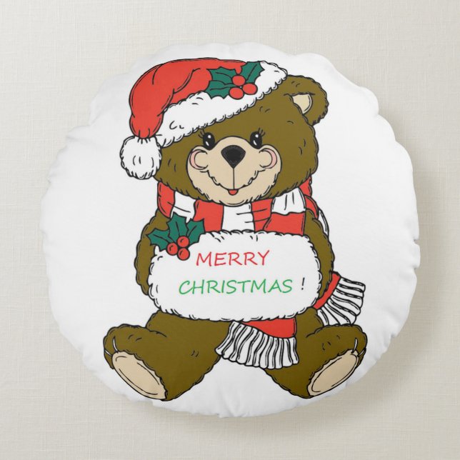 "MERRY CHRISTMAS" TEDDY BEAR ROUND CUSHION (Front)