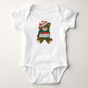 Merry Christmas Teddy Bear with Present Baby Bodysuit