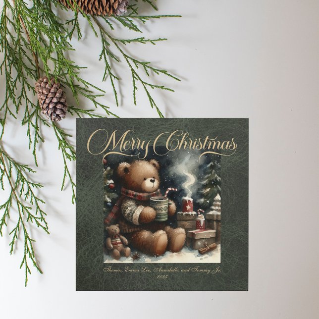 Merry Christmas Teddy Bears Faux Leather Holiday Card (Creator Uploaded)