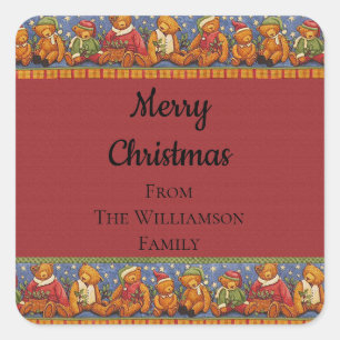Merry Christmas Teddy Bears Vintage Red Square Sticker