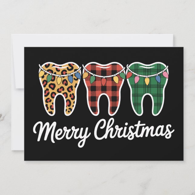 Merry Christmas Teeth Leopard Plaid Lights Dentist Invitation (Front)