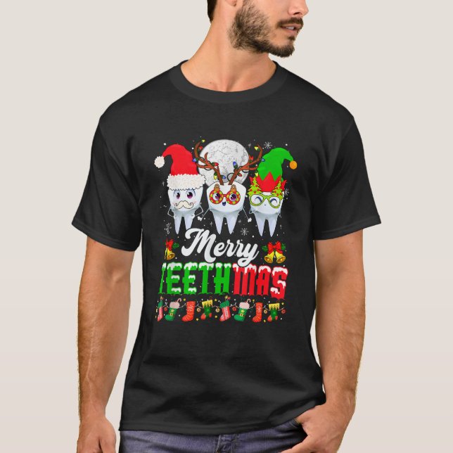 Merry Christmas Teeth Three Santa Reindeer Elf Tee (Front)