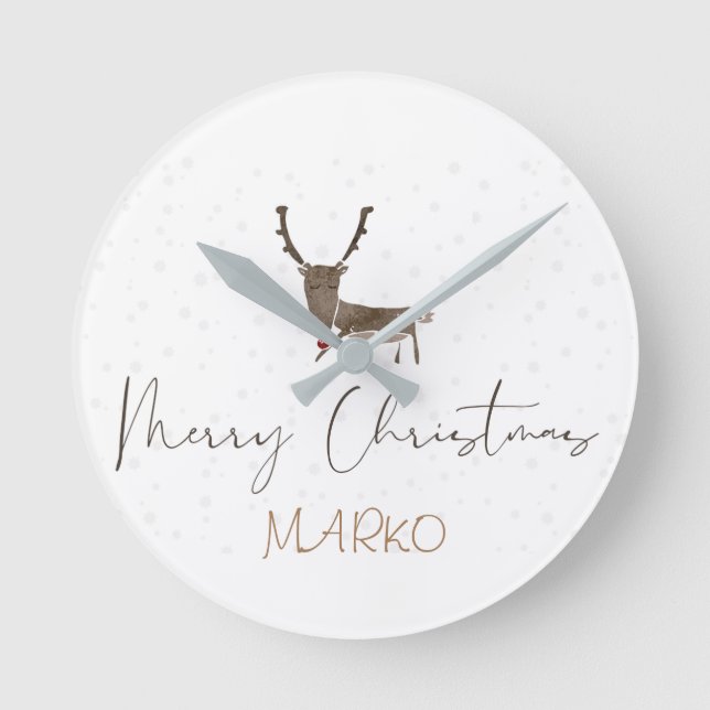 Merry Christmas tender reindeer  Round Clock (Front)