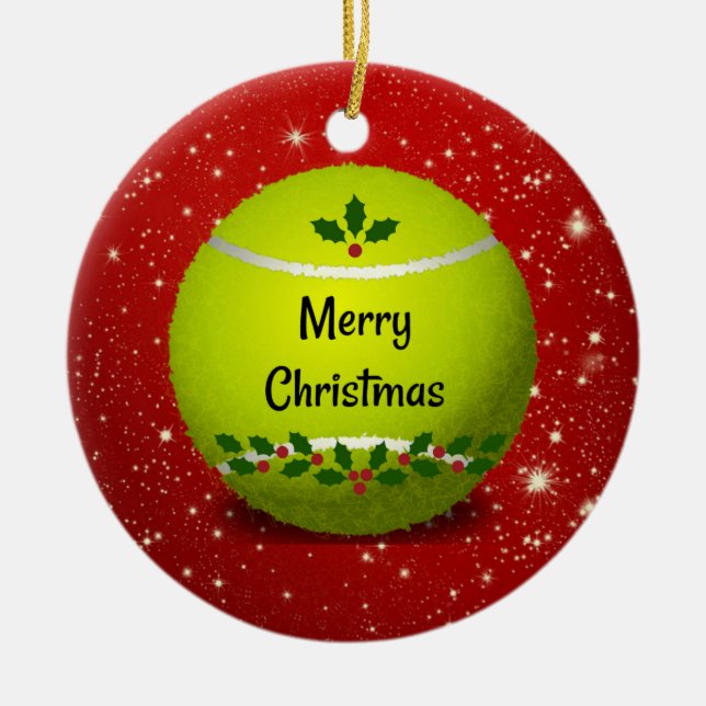 Merry Christmas Tennis Ball Ceramic Tree Decoration (Front)