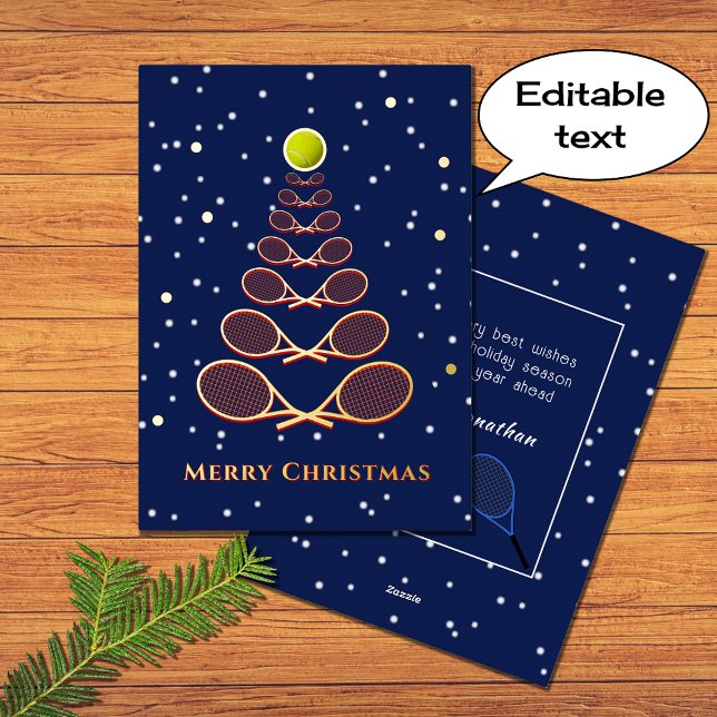 Merry christmas tennis tree custom text blue foil holiday card (Creator Uploaded)