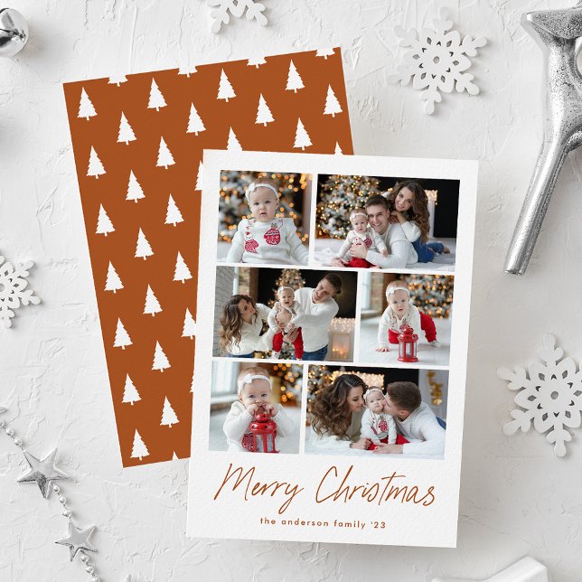 Merry Christmas Terracotta Script 6 Photo Collage Holiday Card (Creator Uploaded)
