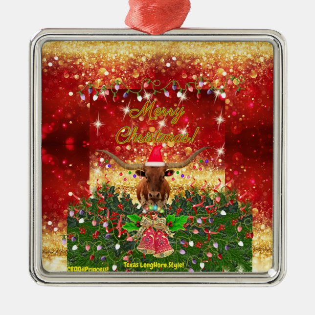 MERRY CHRISTMAS!  Texas LongHorn Style! Metal Tree Decoration (Front)