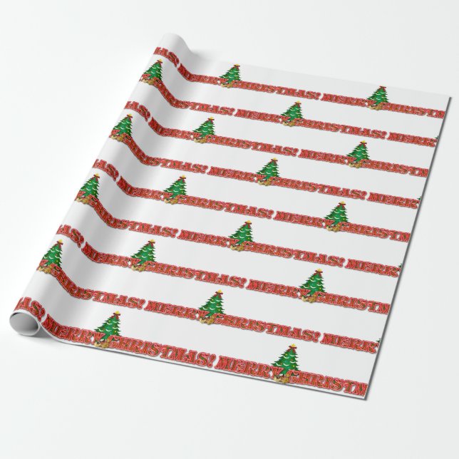 Merry Christmas Text and Tree Modern Holiday Wrapping Paper (Unrolled)