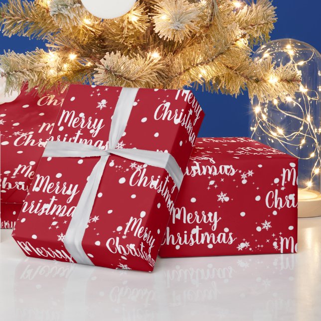 Merry Christmas Text In Snowflakes On Red Wrapping Paper (Holidays)