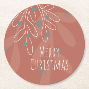 Merry Christmas text in wine red floral Round Paper Coaster