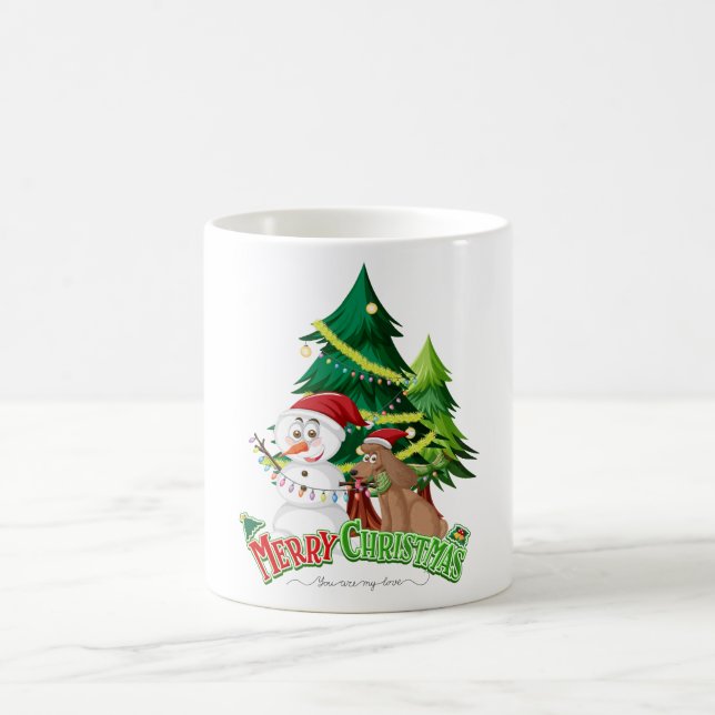 Merry Christmas text logo with Snowman and Christm Coffee Mug (Center)
