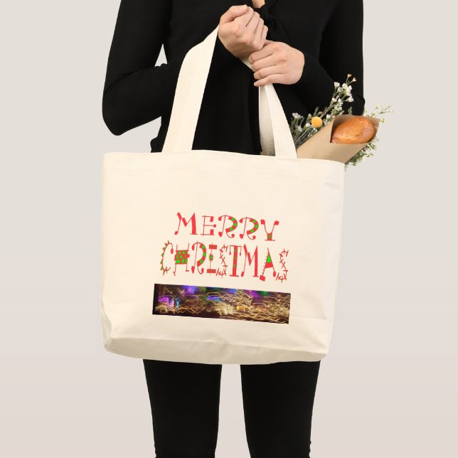 Merry Christmas Text Pattern Design: Festive  Art Large Tote Bag (Front (Product))